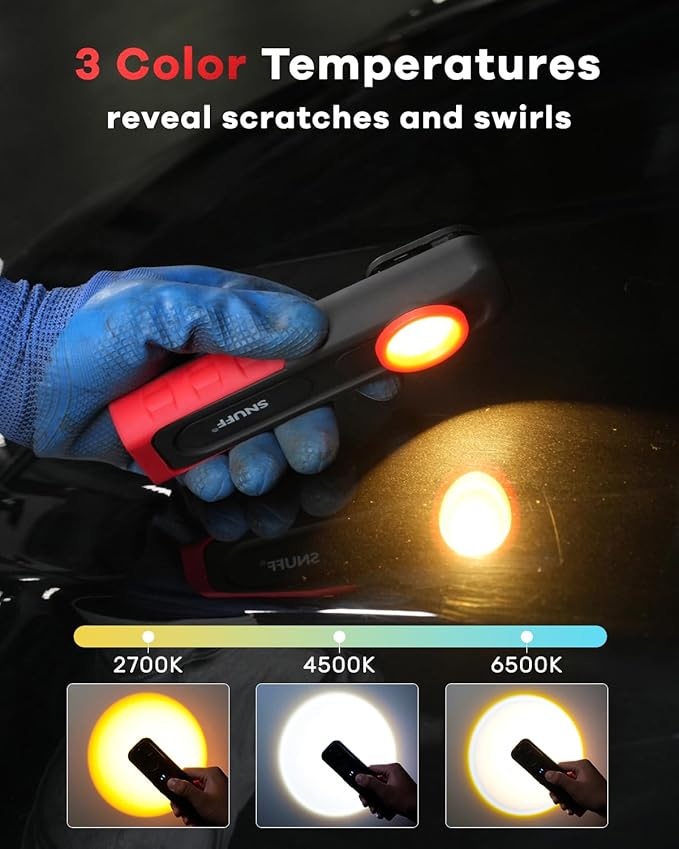 2 Pack Detailing Light Rechargeable, 600 Lumens Paint Inspection Light with Magnetic Base & Hook, CRI 95+, 2700/4500/6500K, Handheld Paint Correction Swirl Finder Light for Detailing & Color Matching