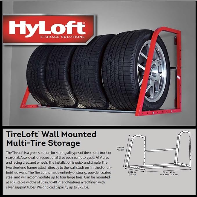 HyLoft Model 01012 Tire-Loft Multi Tire Storage System Rack, Adjustable Width of 36 Inches to 48 Inches, Holds Up To 375 Pounds, Red
