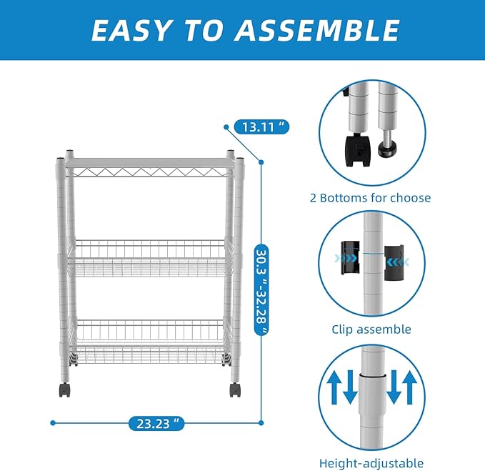 Guan River 3 Tier Wire Shelving Wire Basket Shelf Storage Cart Adjustable Metal Shelf 2 Bottoms for Choose(Castor or Leveling Feet) for Office,Kitchen,Bedroom,Silver(23.23" L x 13.11" W x 32.28" H)