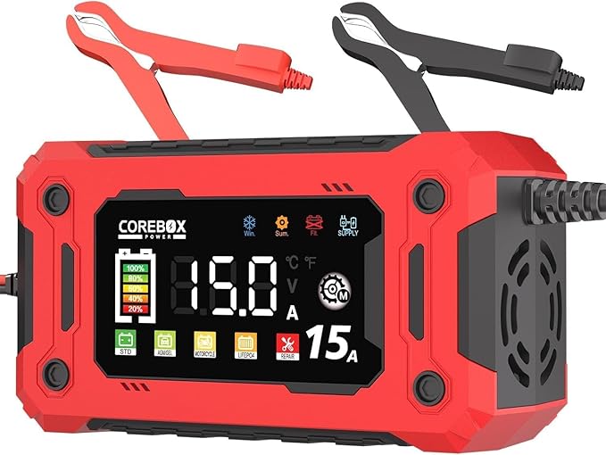 Battery Charger 15-Amp 12V Automatic Smart Battery Trickle Charger, Battery Maintainer Desulfator with Temperature Compensation for Car Truck Motorcycle Lawn Mower Marine