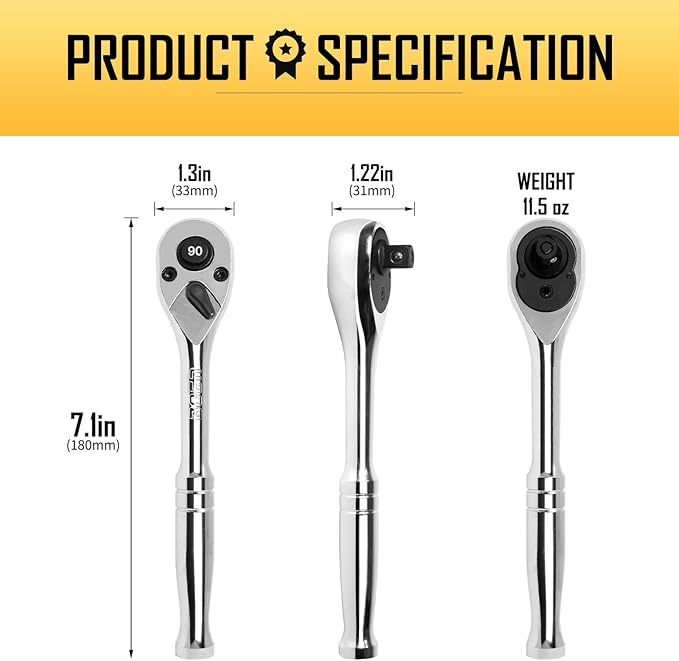 boen 3/8-Inch Drive Ratchet, 90-Tooth Quick-Release Ratchet Wrench, 4-Degree Swing, Reversible, Chrome Alloy Made, Full Polished