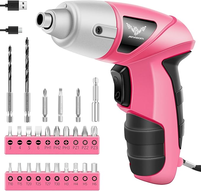 Pink Cordless Electric Screwdriver, 3.6V Rechargeable Small Electric Drill with 24pcs Driver Bit Set, Power 3.5Nm Screw Gun with LED Light for Women