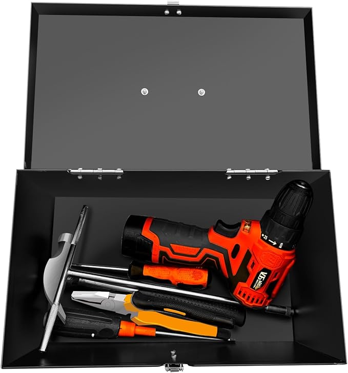 Peastorm Small Steel Metal Tool Box, Lockable Storage Box for Storing Valuable Items, Office Documents, Garage Tools (12" Black)