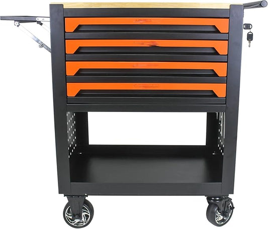 36" Tool Box with Wheels,Tool Chest with 4 Drawers,Rolling Tool Cart with Wooden Top Workbench ,660lbs Load Tool Cabinet with Locked Drawers Storage Organizer Cabinet for Garage, Repair Shop, Workshop