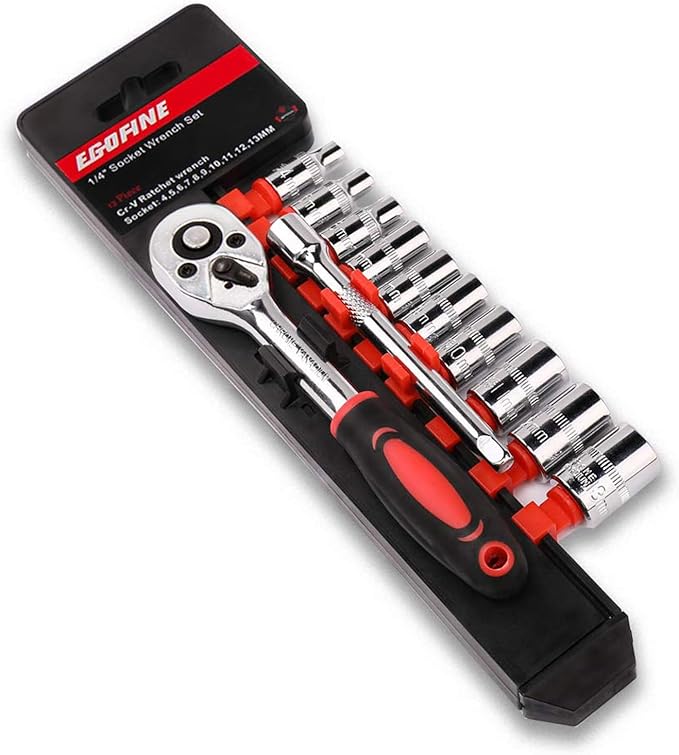 Egofine 12pcs 1/4 Inch Mini Ratchet Socket Wrench Set, Drive Socket Set with 10 Sockets (4-13mm) and 2 Way Quick Released Ratchet Handle and Extension Bar