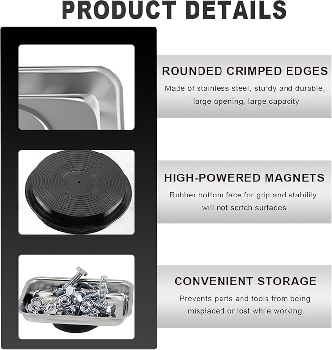 2 PCS Magnetic Tray Holders, 2.5"×3.6" Stainless Steel Square Magnetic Parts Tray Set, Heavy Duty Thickened Tray Bowl for Screws Bolts Nuts Metal Parts, Magnetic Tray for Mechanic's