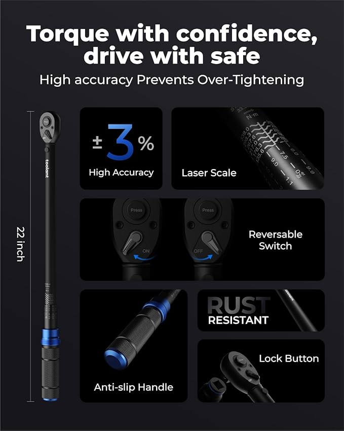 toolant 13PCS 1/2 Inch Click Torque Wrench Set, Gift for Men, 25-250 FT.-LB/33.9-339.0 Nm, With Breaker Bar & 5-Inch-Extension & 10 Sockets, Tire Repair Tool Set