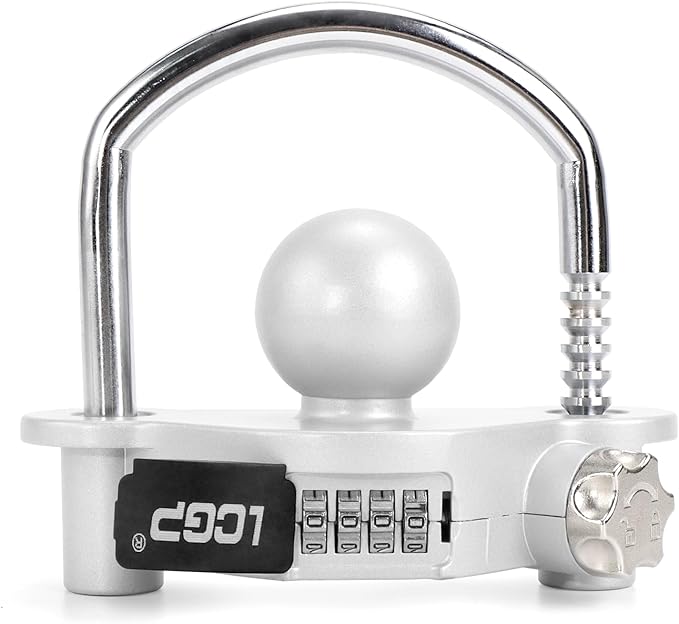 LCGP Trailer Hitch Lock with Combination Lock, Fits 1-7/8,2 and 2-5/16 Inch Couplers,Adjustable Storage Security, Heavy-Duty Steel, Silver Grey