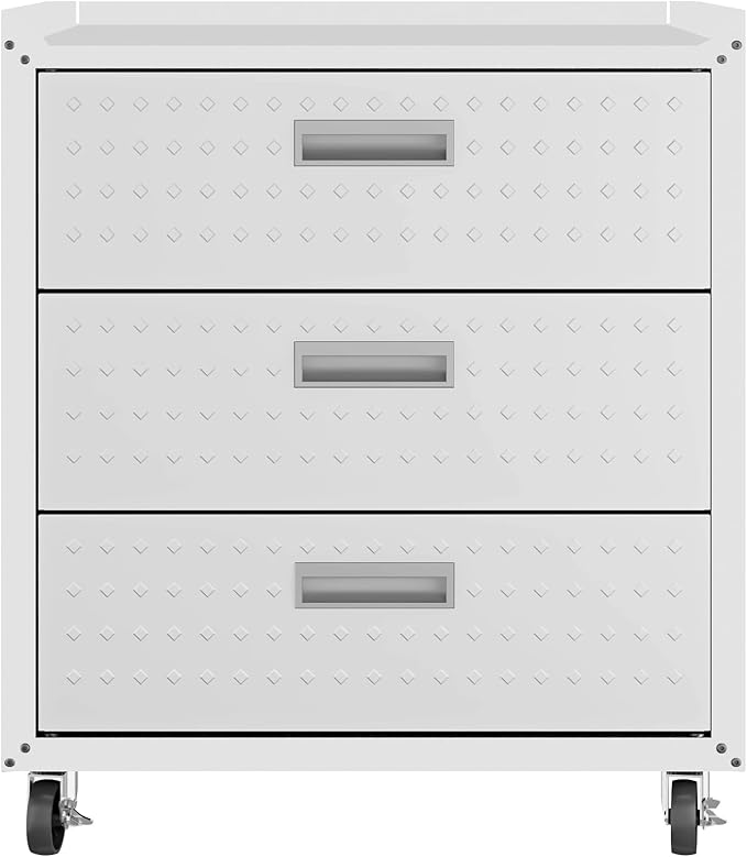 Manhattan Comfort Fortress 31.5-Inch Rolling Garage Tool Chest, 3-Drawer Lockable Mobile Storage Cabinet, Diamond-Textured Steel Utility Organizer with Wheels for Basement, Workshop in White