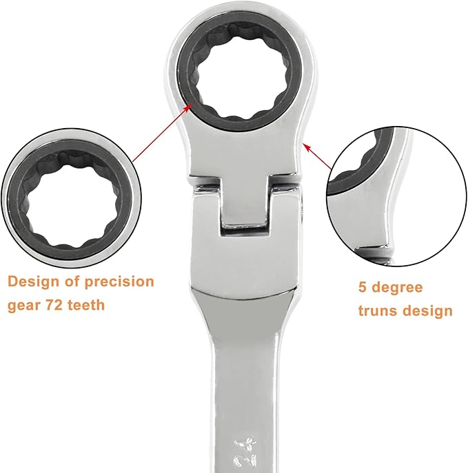 Piutouyar 24mm Flex-Head Ratcheting Wrench, Professional Metric Ratchet Wrench Combination Wrench Box Ended Spanner Tool for Projects Repair(5° Movement and 72 Teeth 12 Point, CR-V)