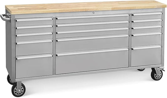 72-Inch Stainless Steel Rolling Tool Box with 15 Drawers, Heavy-Duty Mobile Garage Workbench, Lockable Large Tool Chest Storage Cabinet with Wheels for Workshop