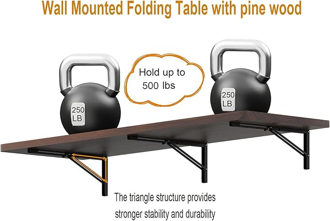 IAE Floating Wall Mounted Folding Table Desk with Pine Wood,48" x 22" Foldable Workbench,Fold Down Wall Mounted Foldable Desk with Shelf Brackets,Laundry Folding Table for Home,Dining,Kitchen,Brown