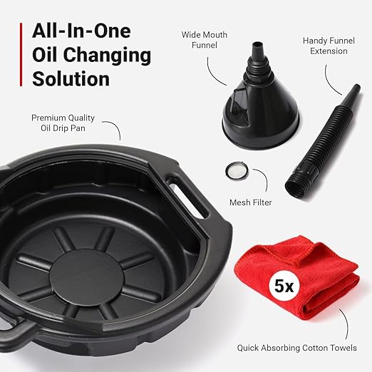 Oil Change Kit - Includes 8-Quart Oil Pan, Longneck Oil Funnel with Removable Filter, and 5 Pack of Shop Towels - Motor Oil Drain pan for Changing Oil - Oil Change Value Kit with by Foxtrot Living