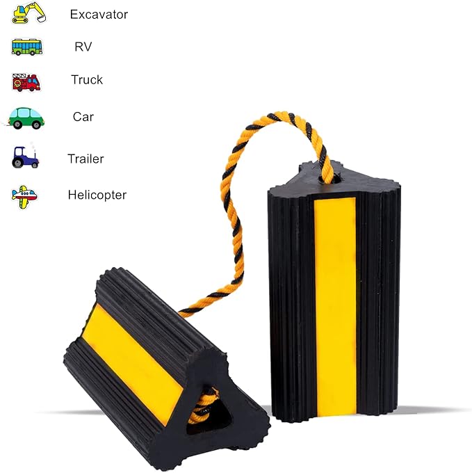 Wheel Chock Heavy Duty Rubber Trailer Wheel Chocks with Yellow Reflective Visibility Tape and Yellow Nylon Rope for Concrete Slopes or Ground Leveling (4 Pack)