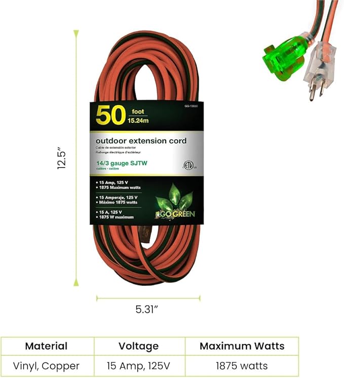 Go Green Power Inc. 14/3 50ft Outdoor Lighted Extension Cord - Heavy Duty, Contractor Grade, Moisture Resistant, Visible Power Indicator for Safety - Ideal for Tools & Equipment - GG-13850