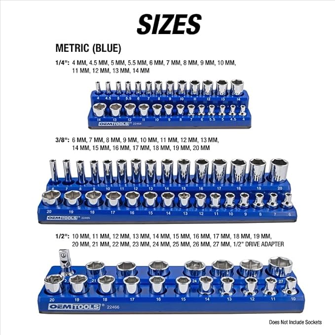 OEMTOOLS 22486 3 Piece Metric Magnetic Socket Tray Set, Magnetic Socket Organizer Holds Up to 75 Sockets in 1/4", 3/8", and 1/2" Sizes, Blue Magnetic Socket Holders