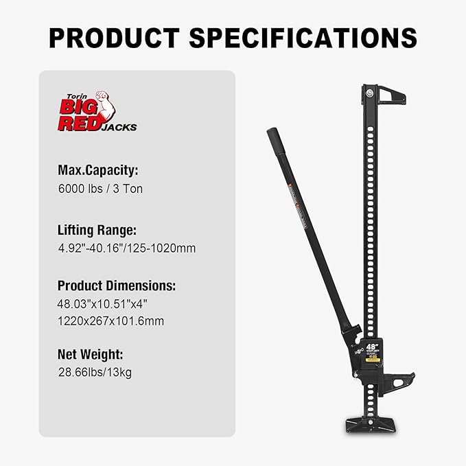 Big RED ATR6501BR Torin 48" Ratcheting Off Road Utility Farm Jack: 3 Ton (6,000 lb) Capacity, Black