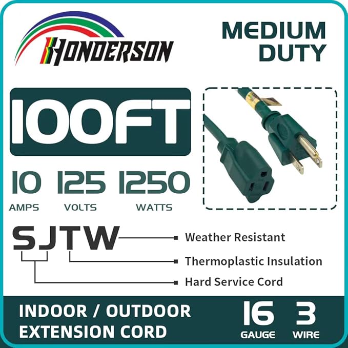 100FT Outdoor Extension Cord-16/3 SJTW Durable Green Extension Cable with 3 Prong Grounded Plug for Safety,Great for Outside Christmas Decorations