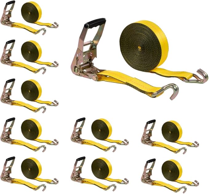 Mytee Products 10 Pack 2" x40' Yellow Ratchet Strap with J Hooks - 10,000 Lbs Breaking Strength - Heavy Duty Tie Down Cargo Truck Straps with Wire Hooks for Flatbed, Truck, Trailers Pickup