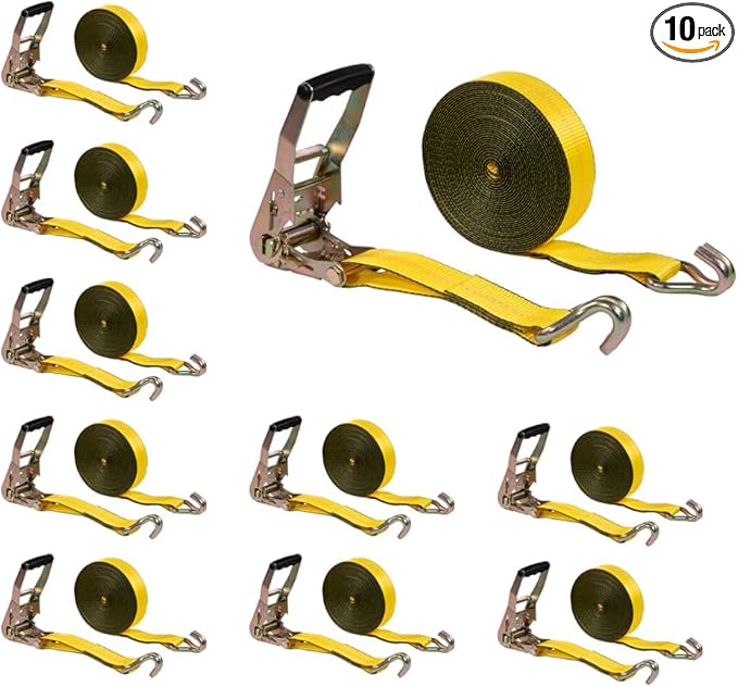 Mytee Products 10 Pack 2" x40' Yellow Ratchet Strap with J Hooks - 10,000 Lbs Breaking Strength - Heavy Duty Tie Down Cargo Truck Straps with Wire Hooks for Flatbed, Truck, Trailers Pickup