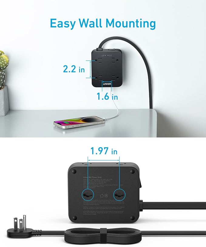 Anker Surge Protector Flat Plug Power Strip 2000J, 10ft Thin Extension Cord, 8 Outlets,2 USB A and 1 USB C Port,20W for iPhone15,Wall Mount,Compact for Home,Office,Room,TUV Listed (Pack of 2)