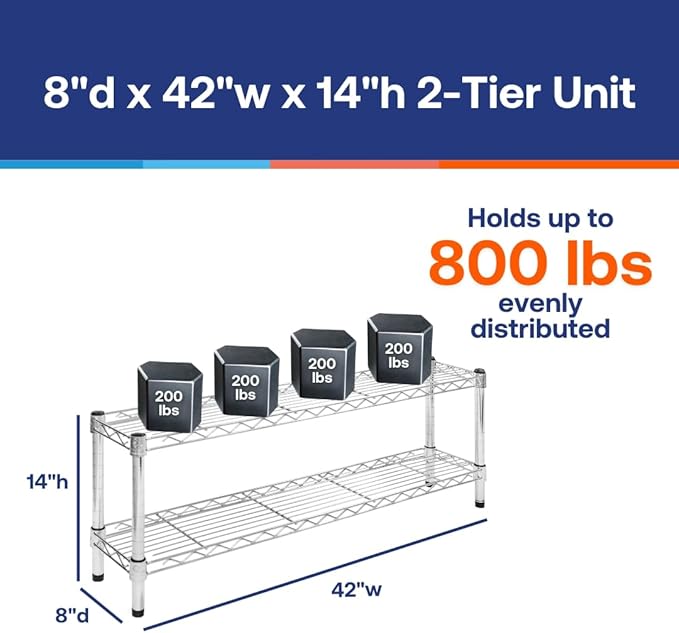 SI 8" d x 42" w Chrome Wire Shelving with 2 Tier Shelves, 800lbs Capacity Each, Modern, Contemporary, Industrial Style