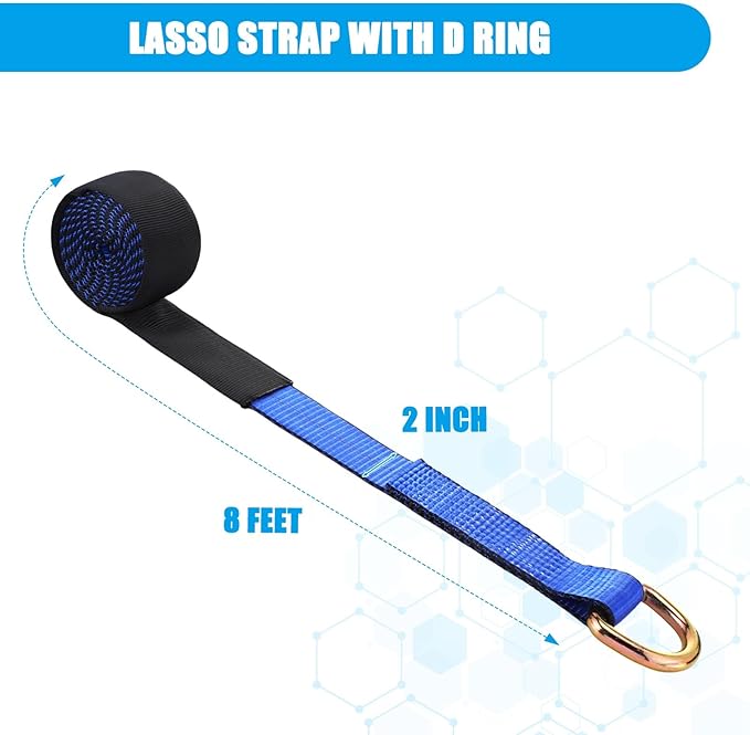 8 Pack Lasso Tow Truck Straps with D Ring 11, 000 Lbs Break Strength D Ring Auto Tie Down Wheel Lift Trailer Strap for Hauling Utv SUV Wrecker Rollback (2" X 8ft,Blue)