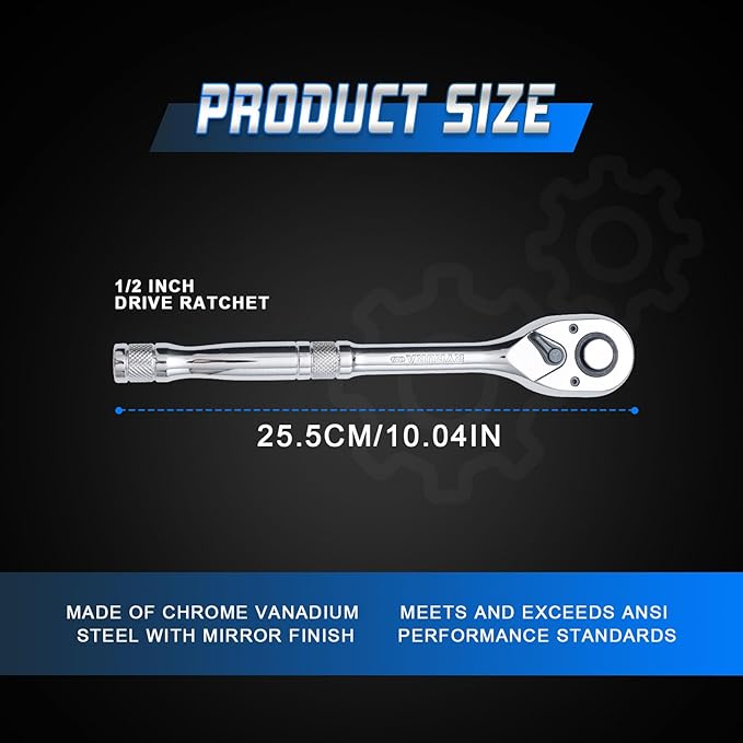 1/2-Inch Drive Ratchet Wrench,Standard Socket Wrench,72-Tooth Quick Release,Reversible Ratcheting Feature with Metal Handle