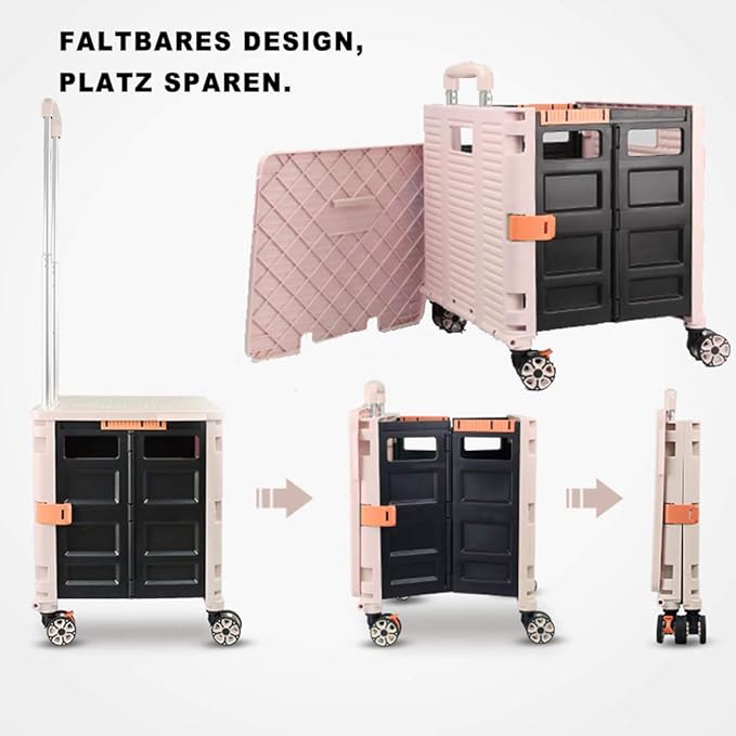 Foldable Utility Cart Folding Portable Rolling Crate Handcart Shopping Trolley Wheel Box with Lid Wear-Resistant Noiseless 360°Rotate Wheel for Travel Shopping Moving Storage Office (Pink)