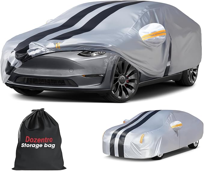 Multi-Layer Car Cover Custom Fit for Tesla Model Y(2020-2026), 100% Waterproof All Weather for Automobiles, Gift with Towel, Heavy Duty Car Covers for Rain Sun UV Protection with Door Zipper