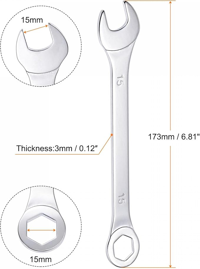 uxcell Thin Combination Wrench with Offset 6-Point End and Angled Open End, Metric Mirror-Chrome Plated High Carbon Steel, for Household Repairs, 15mm