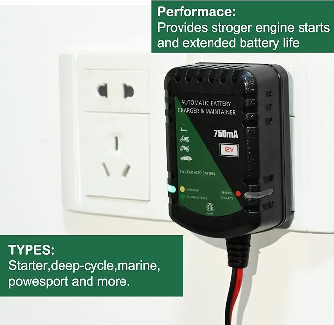 12 Volt Battery Charger 750mA Automatic Battery maintainer trickle Battery Charger Smart Float Charger for Automotive car Motorcycle Lawn Mower Boat ATV Sealed Lead Acid Batteries