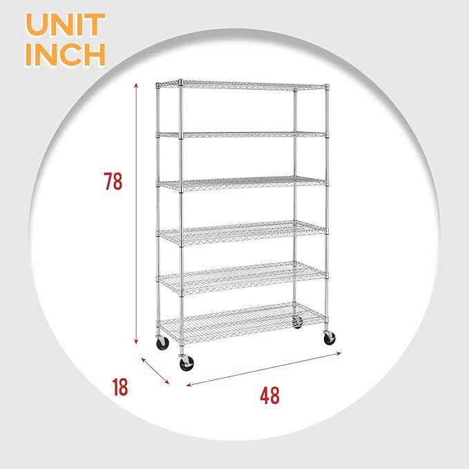 BestOffice 18x48x72 Wire Shelving with Commercial Wheels 6-Shelf Adjustable Heavy Duty Storage Shelves Metal Shelves Storage Unit Shelf,6000 LBS (Chrome)