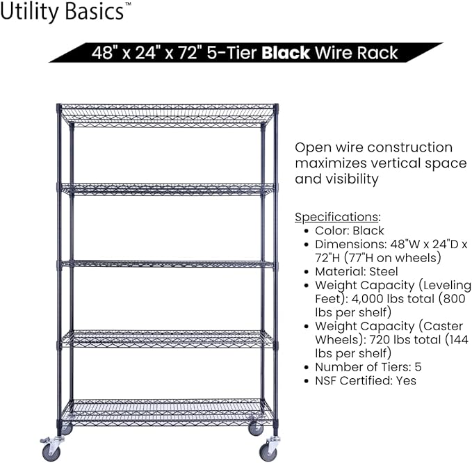 NSF Commercial 5-Tier Wire Shelving with Wheels, 48"x24"x72" Heavy Duty Metal Shelves 4000 lbs Max Capacity, Black Storage Rack for Garage Kitchen Pantry Warehouse