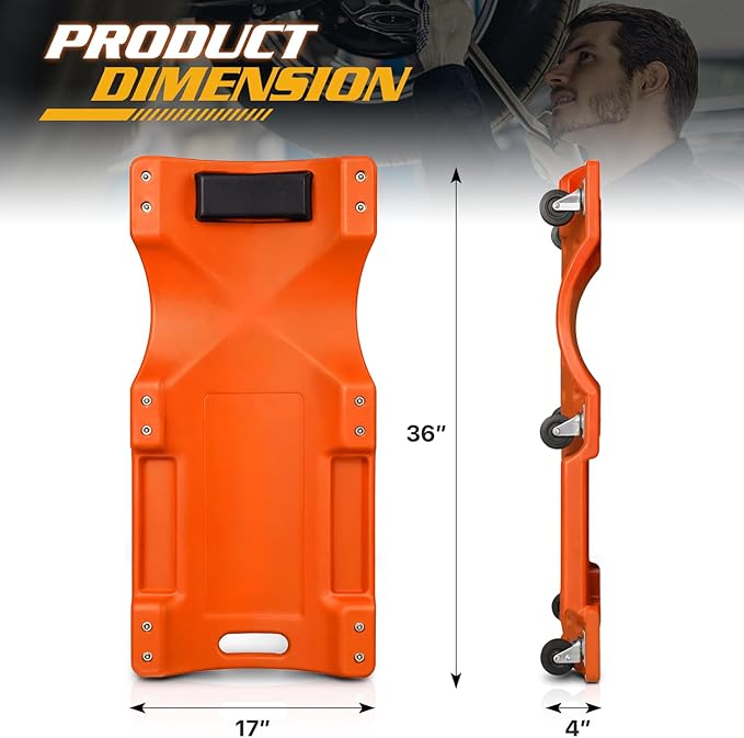 Magshion Mechanic Creeper with Padded Headrest and Tool Tray, 330 lbs Capacity Rolling Garage Shop Creeper with 6 Wheels, Lightweight and Portable Automotive Creeper (Orange)