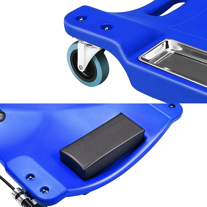 DNA Motoring 40 Inch Low Profile Plastic Rolling Garage Shop Floor Creeper with LED Light, Padded Headrest, Dual Tool Trays, Casters, Blue, TOOLS-00389-BL