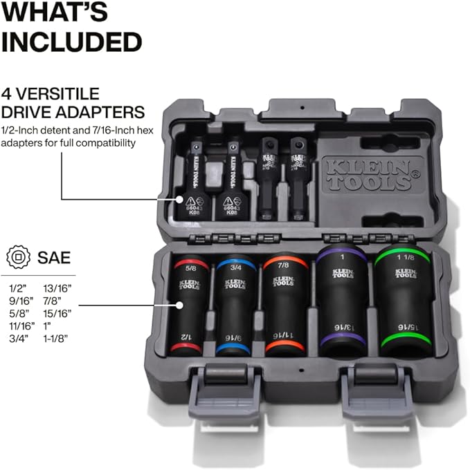 Klein Tools 66055 2-in-1 Flip Socket Set, Color-Coded, 12-Point, Includes 4 Adapters, 3/8-Inch and 1/2-Inch Drive
