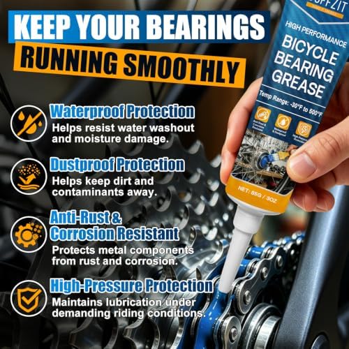 High Performance Bicycle Bearing Grease, Waterproof Bike Grease for Hub Bearings, Bottom Brackets, Headsets & Pedals, Long-Lasting Lubrication, Anti-Rust, High-Pressure Protection, 85g / 3 oz