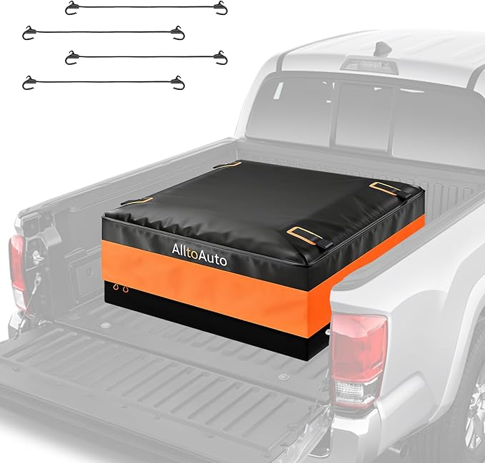 [High Visibility] Waterproof Truck Bed Bag with Orange Safety Trim, 26 CuFt Heavy Duty Cargo Carrier for Pickup Truck, Weatherproof Storage Bag for Camping & Road Trips