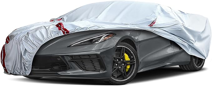 SPORTULI Waterproof Car Covers Replace for 2020–2025 Corvette C8, 6 Layers All Weather Fitted Covers for Vehicles with Zipper Door & 18 Ponit Windproof Bands for Snow Rain Dust Hail Protection