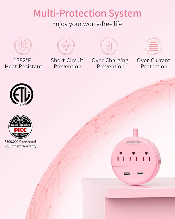 Extra Long Extension Cord 25 ft, NTONPOWER Rose Pink Flat Plug Power Strip with USB Ports, 3 Outlet 2 USB Desktop Charging Station Wall Mount for Home, Dorm Room, Office and Nightstand, ETL Listed