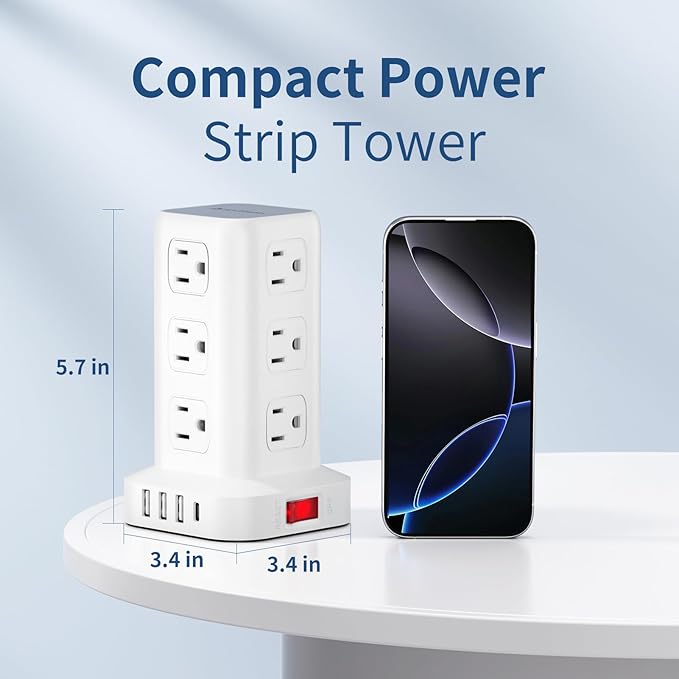 AnnTane Surge Protector Power Strip 6.5 FT Cord, Power Strip Tower with 4 USB Ports (1USB C), Extension Cord with 12 AC Multiple Outlets, Home Office Supplies Desk Accessories, Dorm Room Essentials