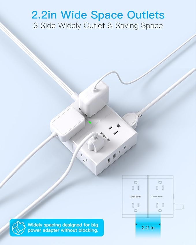 Surge Protector Power Strip 15 ft Cord, Flat Plug Extension Cord with 8 Outlets 4 USB Ports(2 USB C), 3 Side Wall Mount Outlet Extender, Long Extension Cord for Home Office Dorm Room Essentials