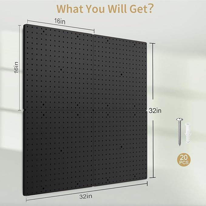 FZK Peg Board,Pegboard 32"*32",Peg Board Wall Organizer with Strong Ribs Back Holds up for 200Ib, 4pcs Black Pegboard for Garage Tool Storage Craft Room Kitchen Workbench Office