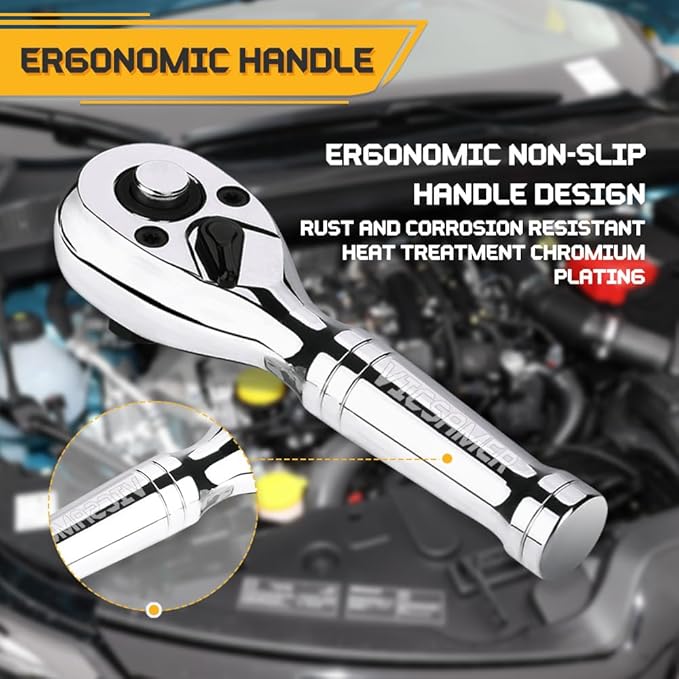 Stubby Ratchet Set- 3/8" Drive Ratchet Handle with a Extension Bars, Gift for Men 72-T Reversible Quick Release Head Premium Mini Ratchet Wrench for Narrow Spaces
