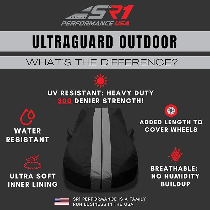 SR1 Performance USA C7 Corvette Car Cover - Custom Fit Indoor/Outdoor UV & Rain Protection - Ultraguard 300 Denier High End for 2014-2019 Stingray, Z51, Z06, Grand Sport (Black with Gray Stripes)