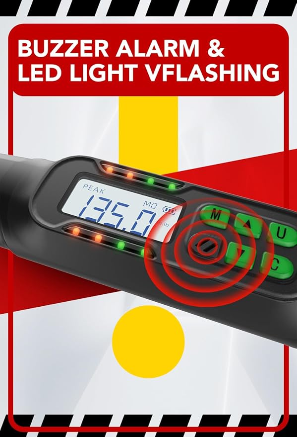 1/2-Inch Drive Digital Torque Wrench, 7.38-147.5 Ft-Lb, ±2% Accuracy with Buzzer and LED Alert, Suitable for Car, Motorcycle and Bicycle