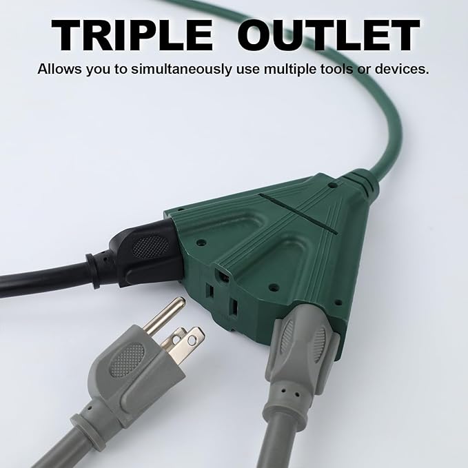 EP 50 Ft Outdoor Extension Cord with 3 Electrical Power Outlets - 16/3 SJTW Green Cable with 3 Prong Grounded Plug for Safety Great for Christmas Lights, Garden and Major Appliances
