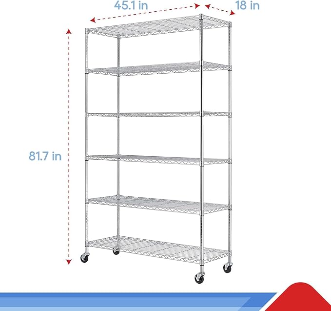 BestOffice Wire Shelf Adjustable Organizer 6 Wire Shelving Unit Metal Storage Shelves, NSF Utility Commercial Grade Heavy Duty 2100 LBS Capacity-18x45x82,Chrome