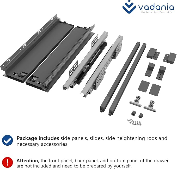 VADANIA Under-Mount Drawer Slide Set, 16-Inch Deep, with Side Panel & Heightening Rods, Hidden Design, Soft Close, Full-Extension, 1-Pair